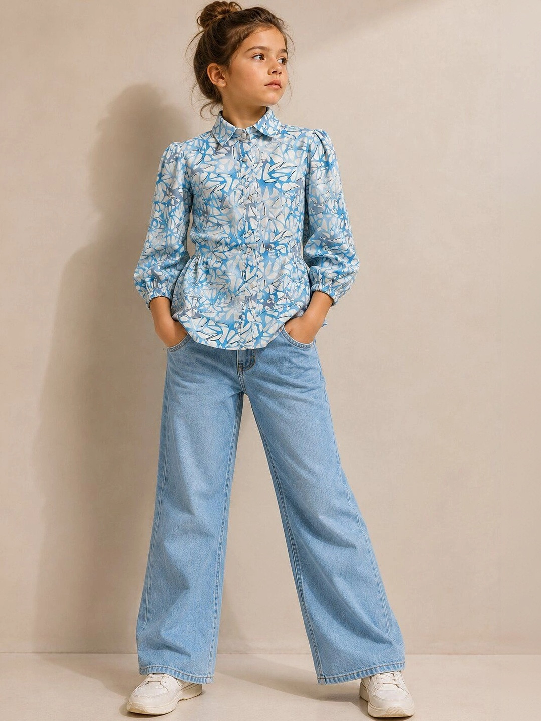 YK Print Puff Sleeve Cotton Blend Top