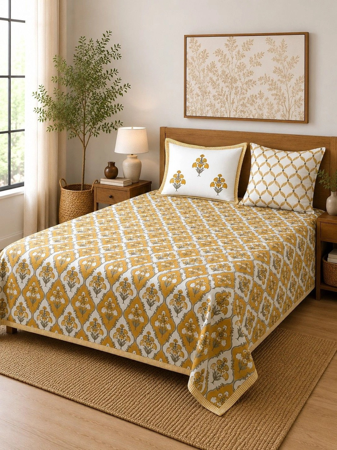 Rajasthan Decor White & Yellow Floral Cotton 210 TC King Bedsheet Set-2.50mx2.70m