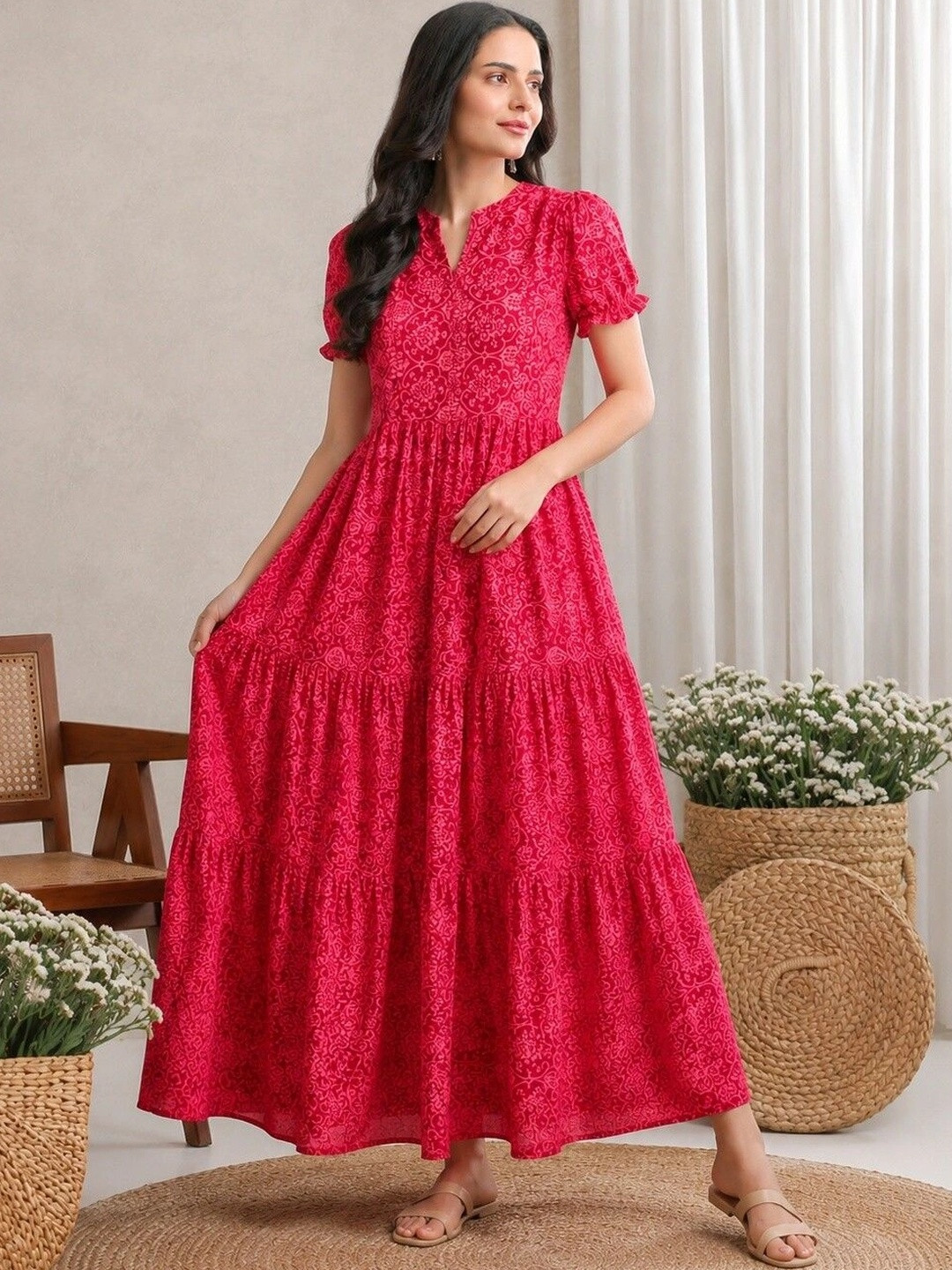 PRESHA Ethnic Motifs Printed Cotton A-Line Maxi Dress