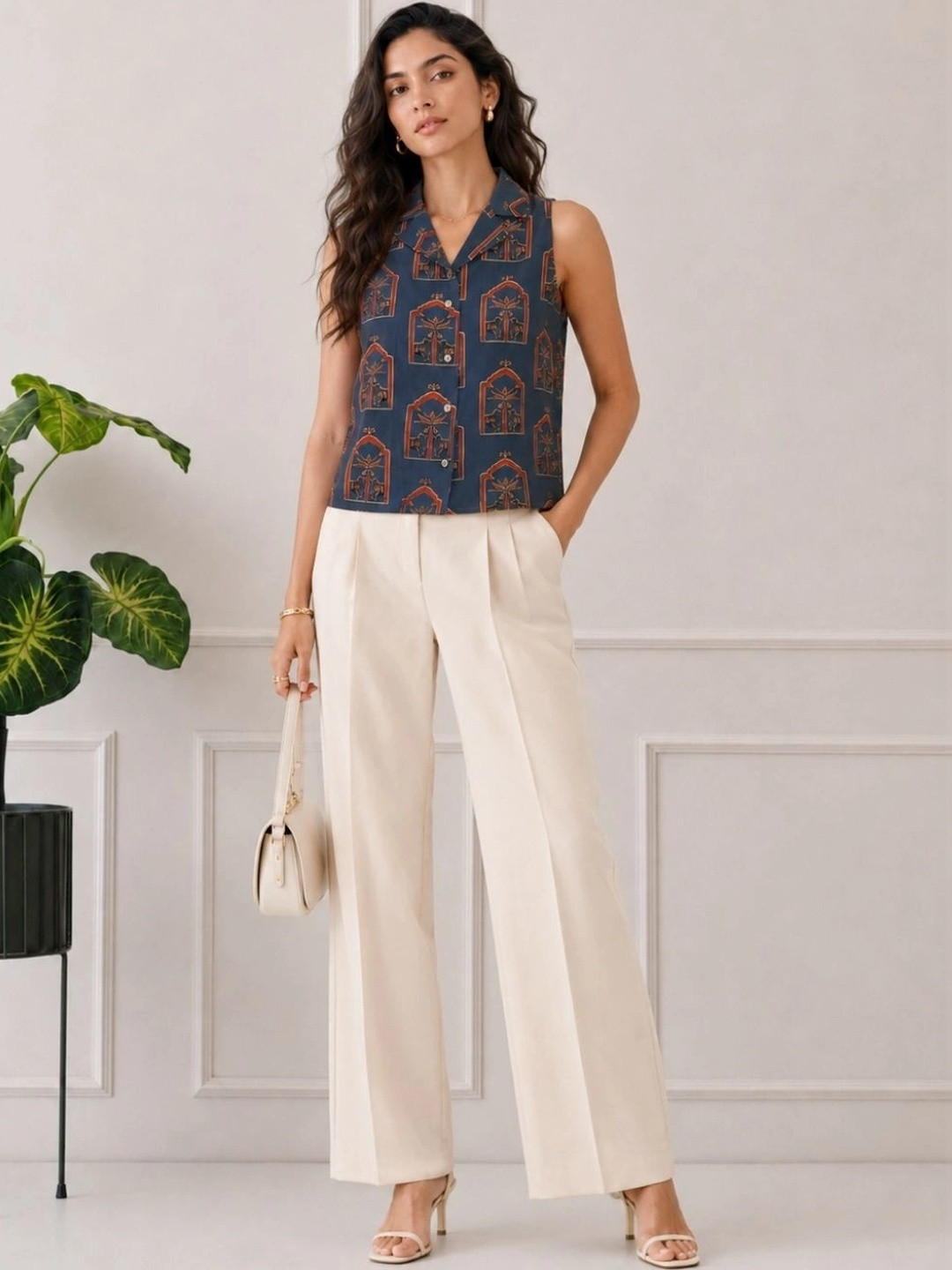 KALAMIR Women Relaxed Fit Ethnic Motifs Printed Cuban Collar Casual Shirt