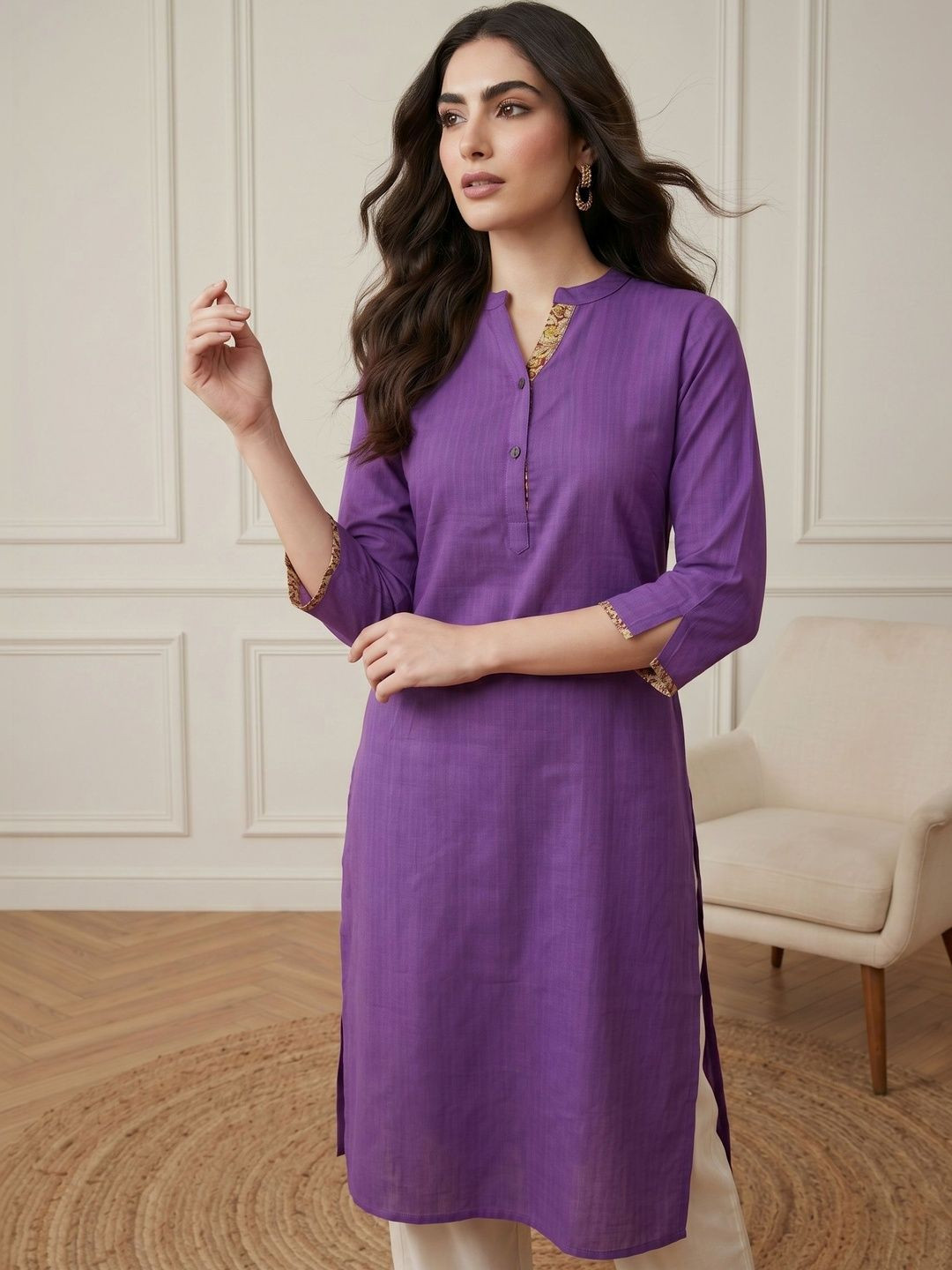 Anouk Women Solid Straight Cotton Straight