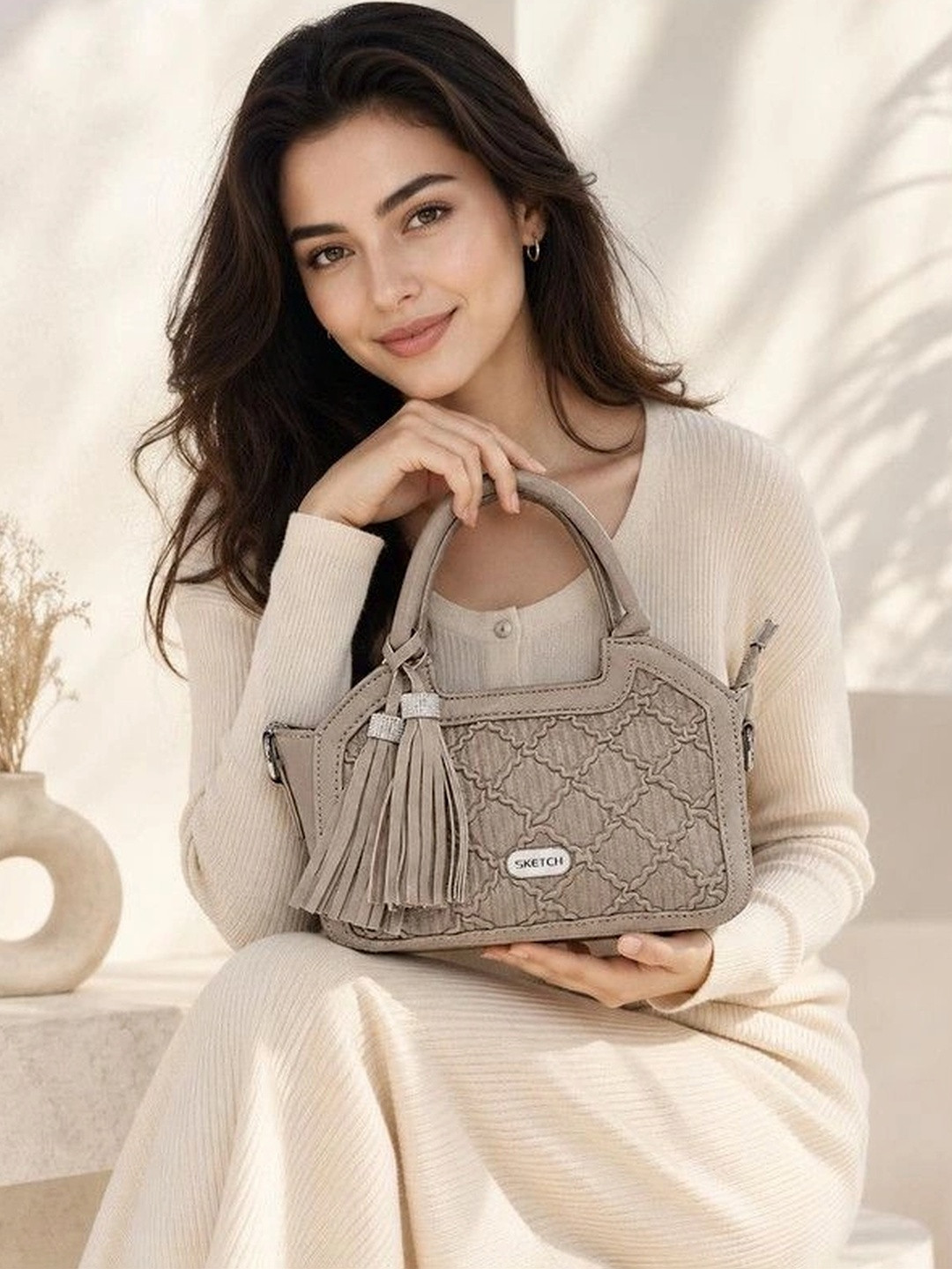 SKETCH Self Design PU Structured Handheld Bag with Tasselled