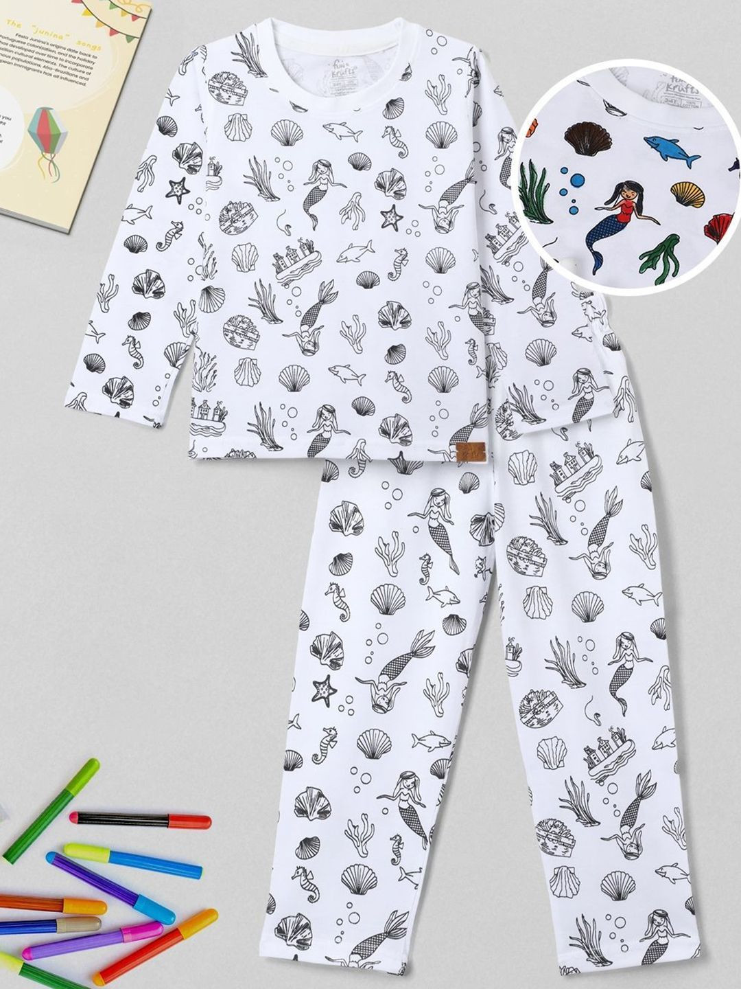 FUNKRAFTS Girls Printed Pure Cotton Long Sleeves T-shirt With Pyjamas
