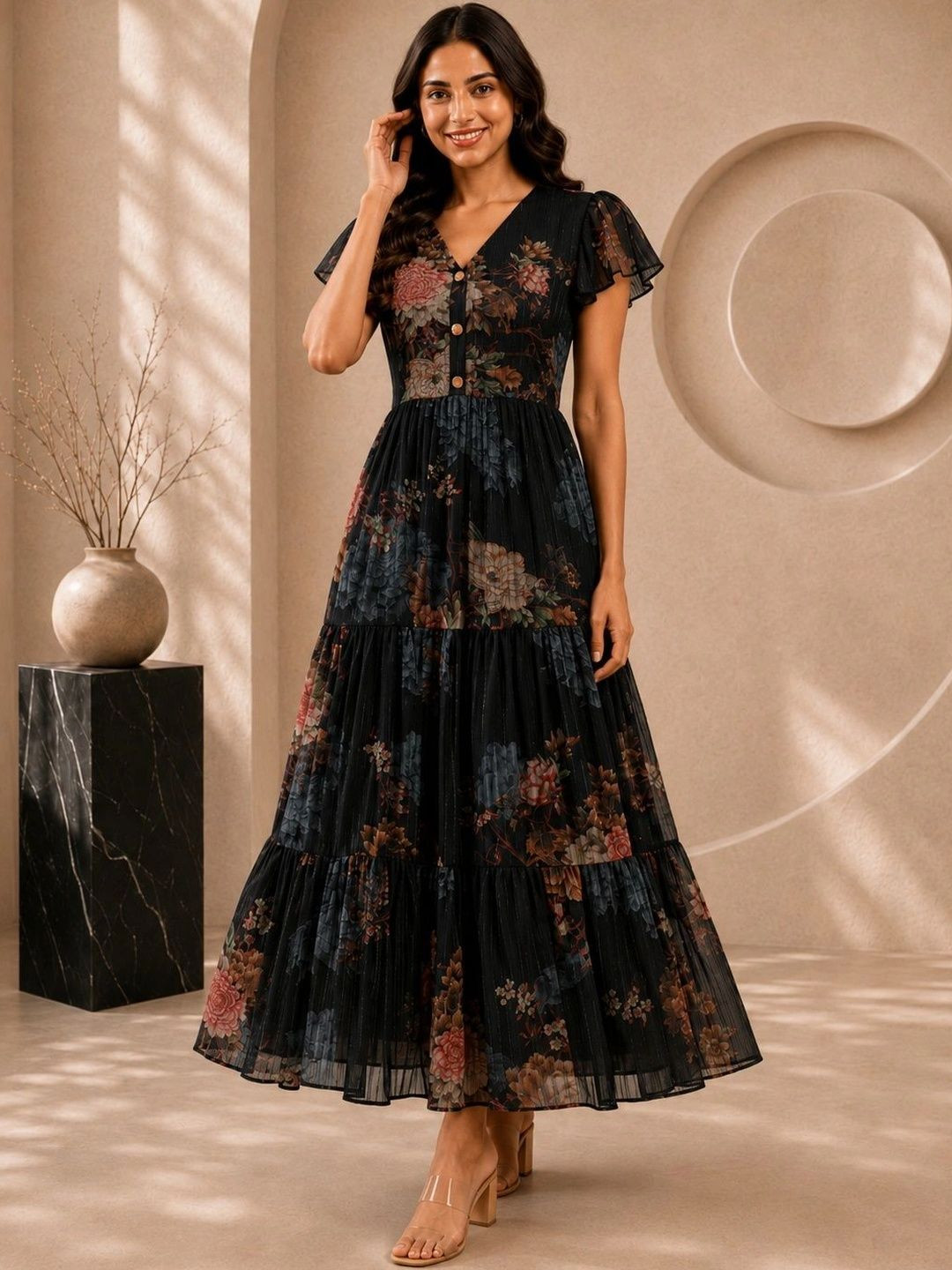 VIRELLE - LUXURY WOMENSWEAR Floral Print Flutter Sleeve Chiffon Maxi Dress