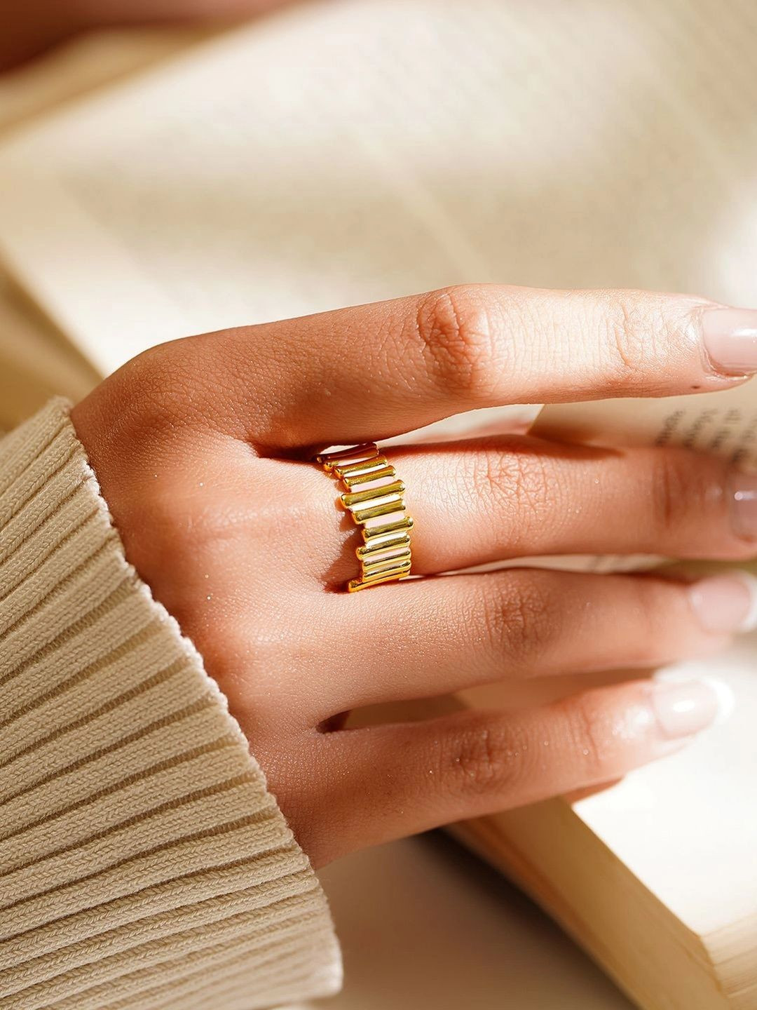 Rubans Silver 925 Gold Plated Adjustable Ribbed Statement Ring