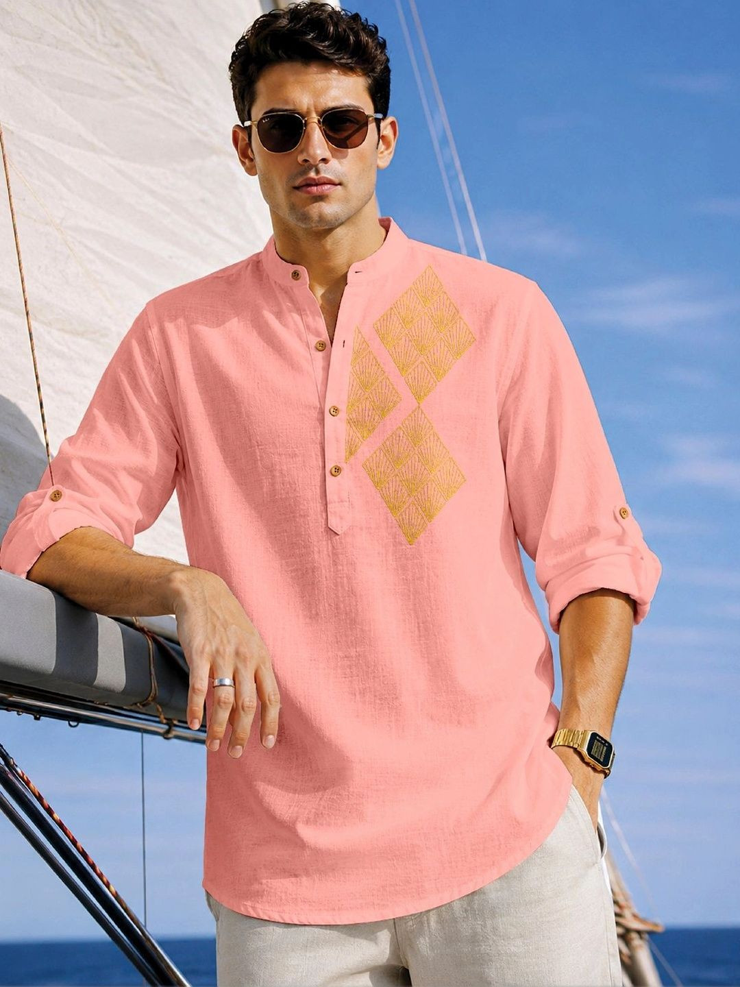 CLOTHING VEDA Geometric Printed Men's Short Kurta Shirt