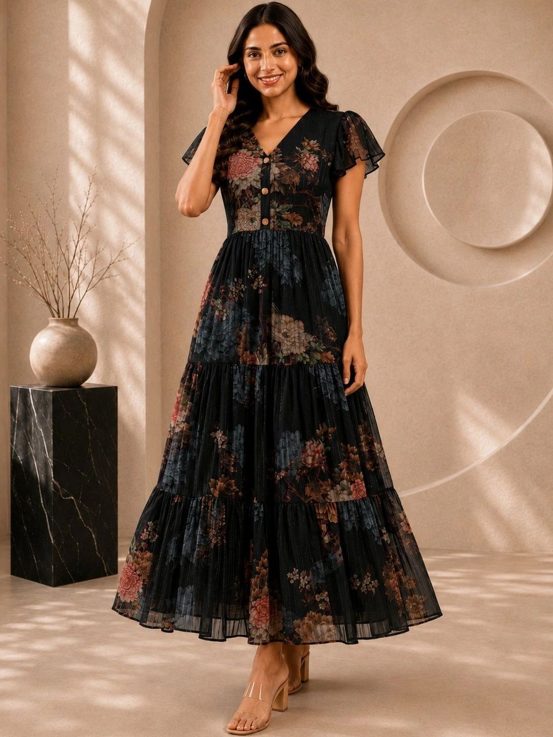 VIRELLE - LUXURY WOMENSWEAR Floral Print Flutter Sleeve Georgette A-Line Midi Dress