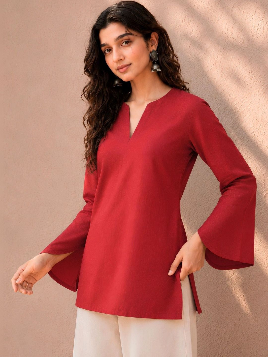 VIRELLE - LUXURY WOMENSWEAR V-Neck Flared Sleeves Pure Cotton Straight Kurti
