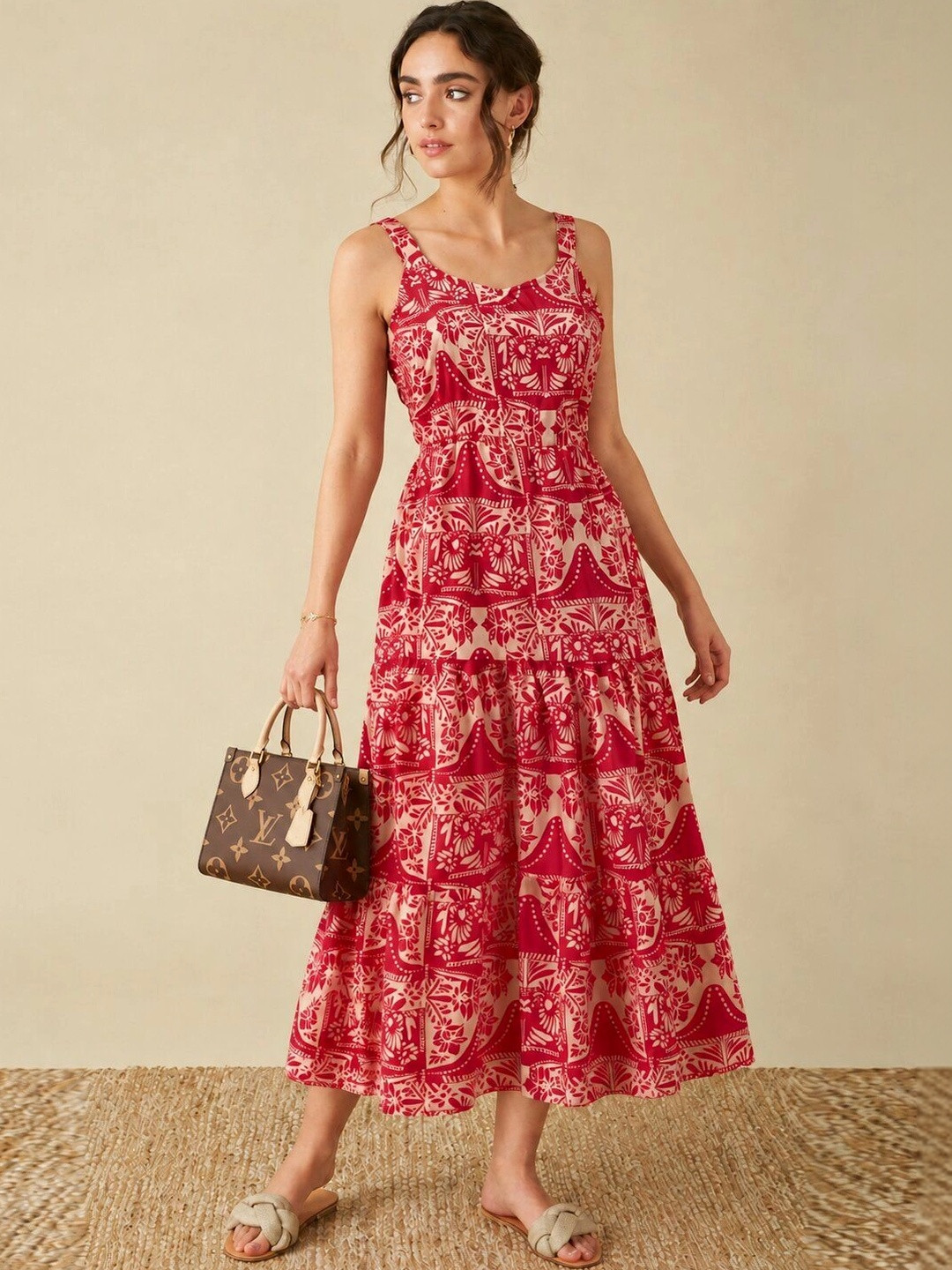 HARIKS Pink Ethnic Motifs A-Line Midi Dress