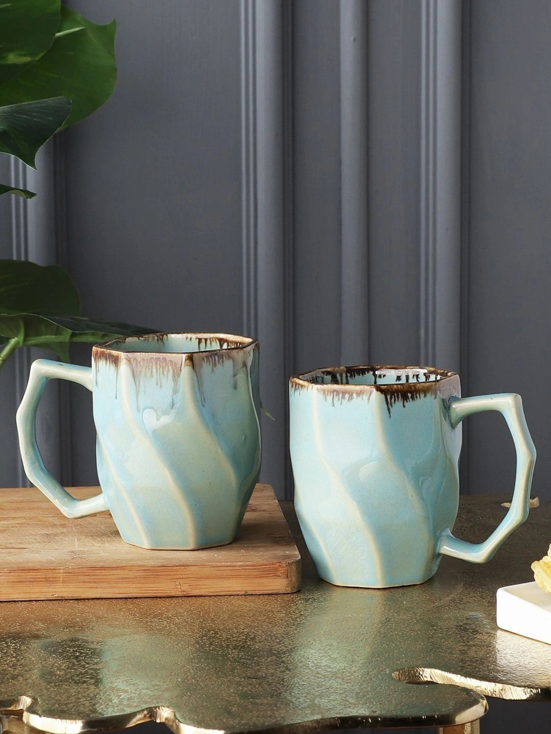 MIAH Decor Teal Graphic Ceramic Handmade 2 Piece Mugs-250ml