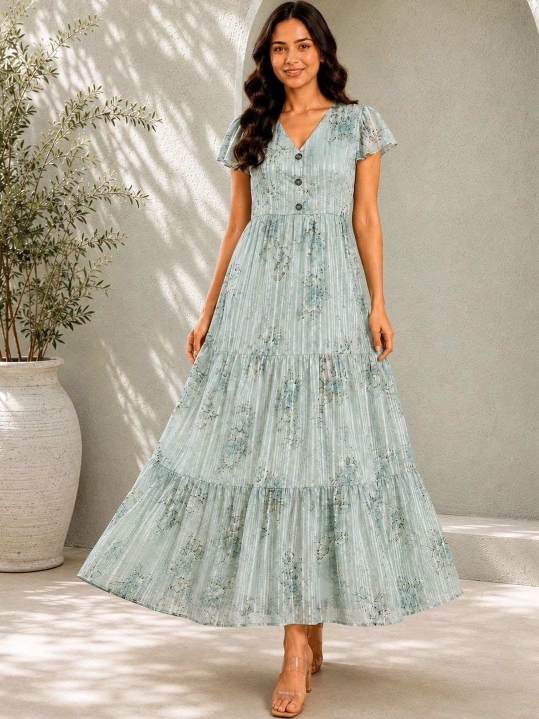 VIRELLE - LUXURY WOMENSWEAR Floral Print Flared Sleeve Georgette Maxi Dress