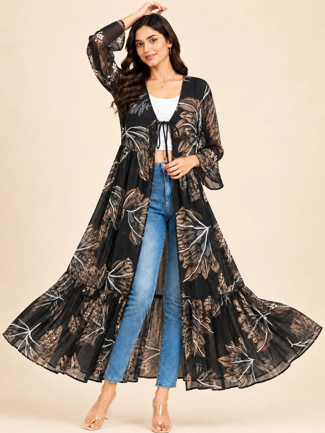 ROSEMELON Women Printed Longline Tie-Up Shrug