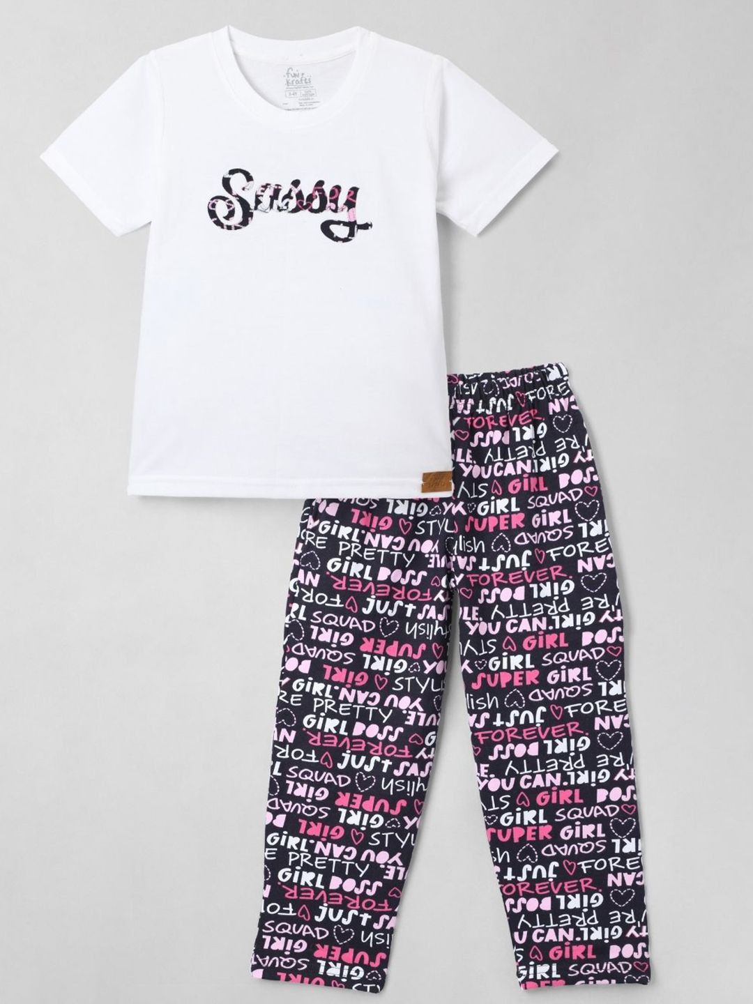 FUNKRAFTS Girls Printed Short Sleeves Pure Cotton T-shirt With Trouser