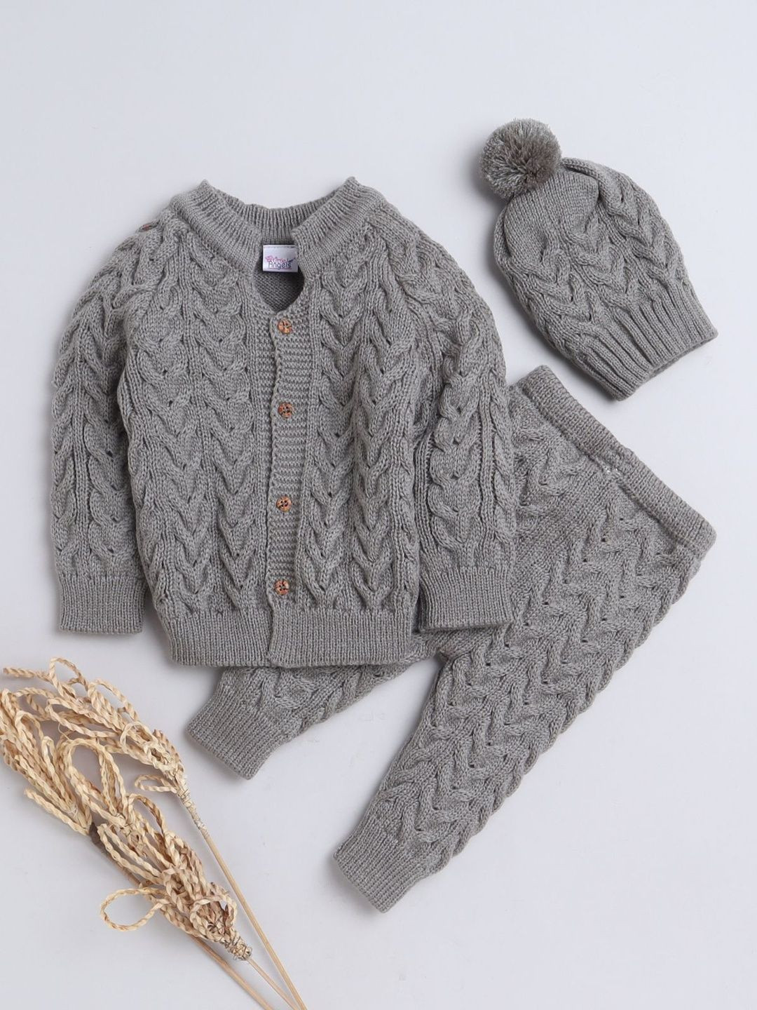 Little Angels Baby Boys 3-Piece Grey Cable Knit Woollen V-Neck Cardigan with Pant & Cap