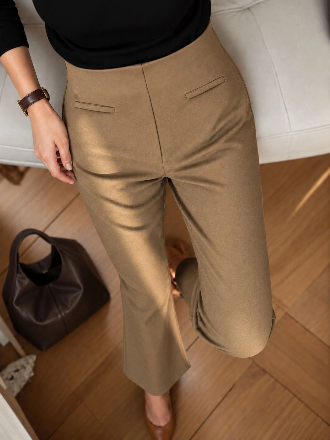 SASSAFRAS Women Bootcut Fit High-Rise 4-Way Stretch Bone Pocket Bell Trouser
