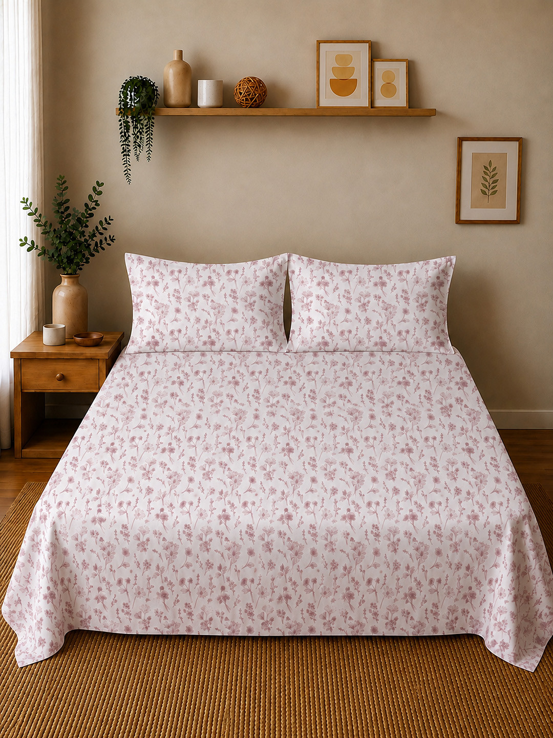 Linen Home Floral Botancial Mauve 200 TC Queen Size Flat Bedsheet Set with 2 Pillow Covers