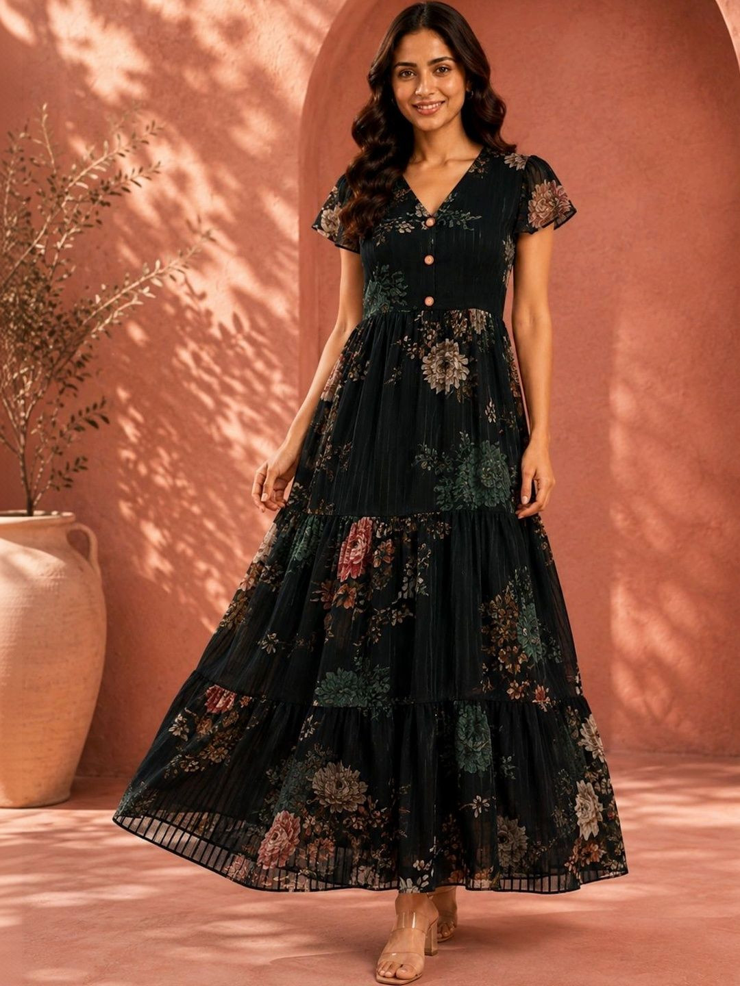 VIRELLE - LUXURY WOMENSWEAR Floral Print Flared Sleeve Chiffon A-Line Maxi Dress