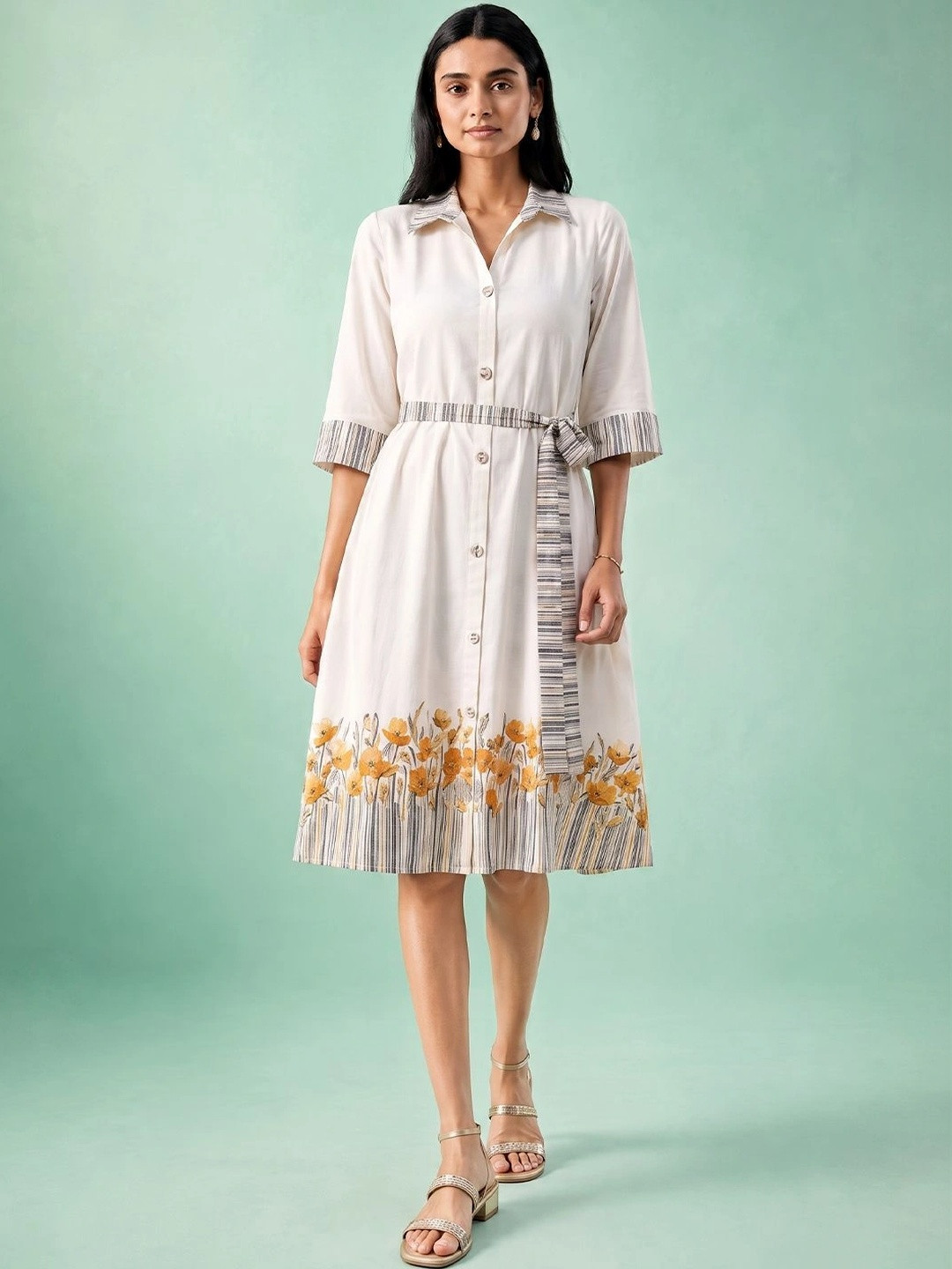 AADVIKA Women's Off-White A-Line Collar Dress with Yellow Floral Hem Print
