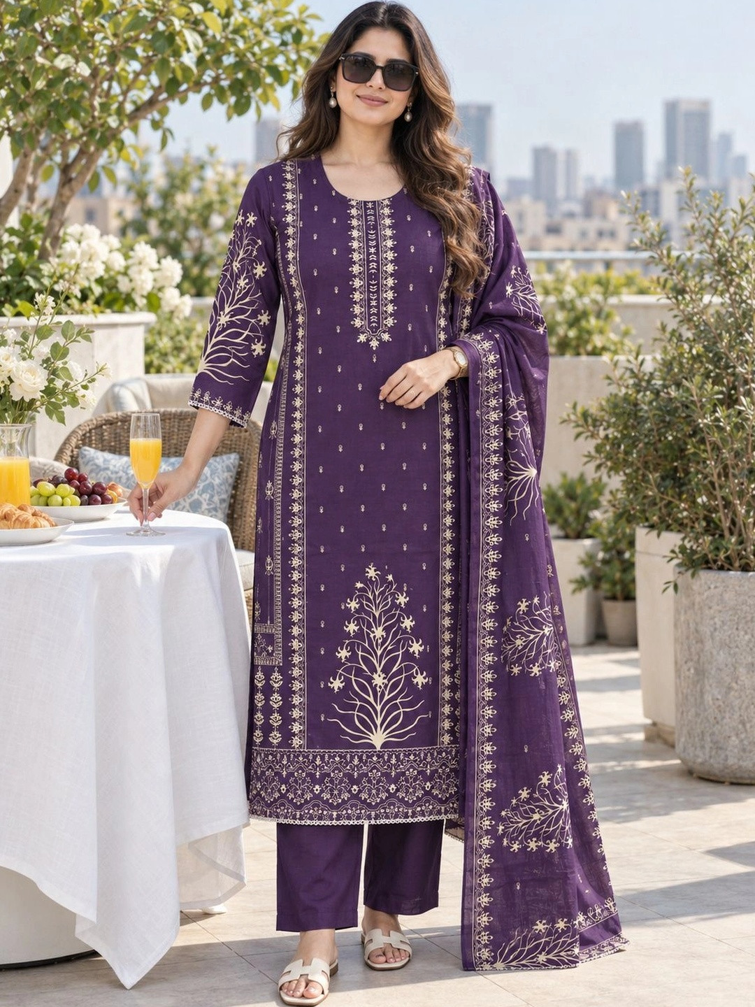 Berrylicious Women Ethnic Motifs Printed Regular Pure Cotton Kurta with Trousers & With Dupatta