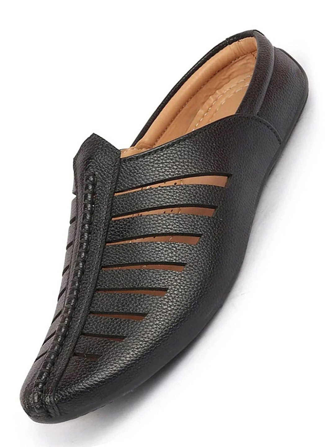 FAUSTO Men Black Laser Cut Design Back Open Evening Party Ethnic Mules Slip On Shoes