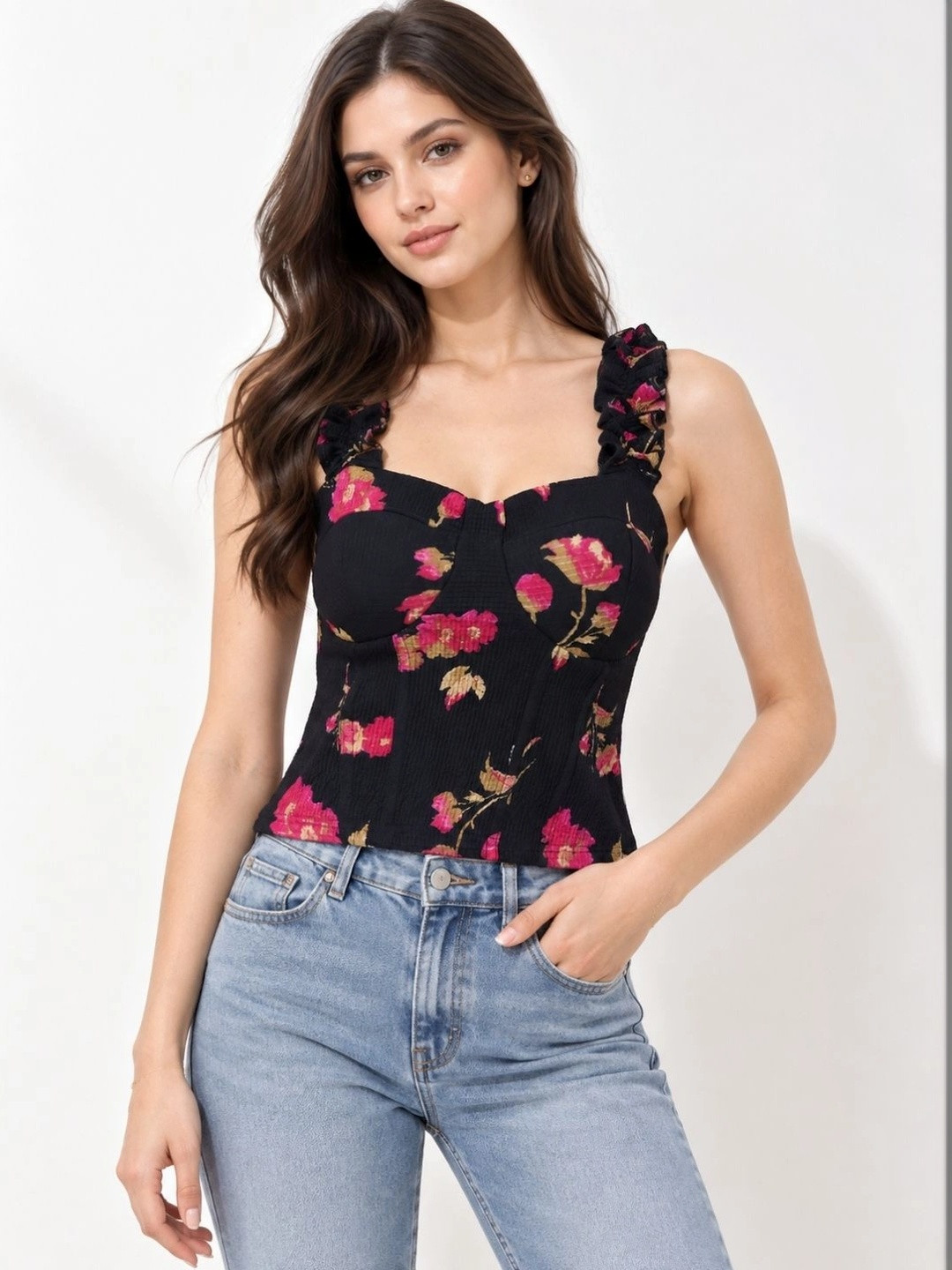 clobug Women Floral Printed Gathered Sweetheart Neck Sleeveless Top