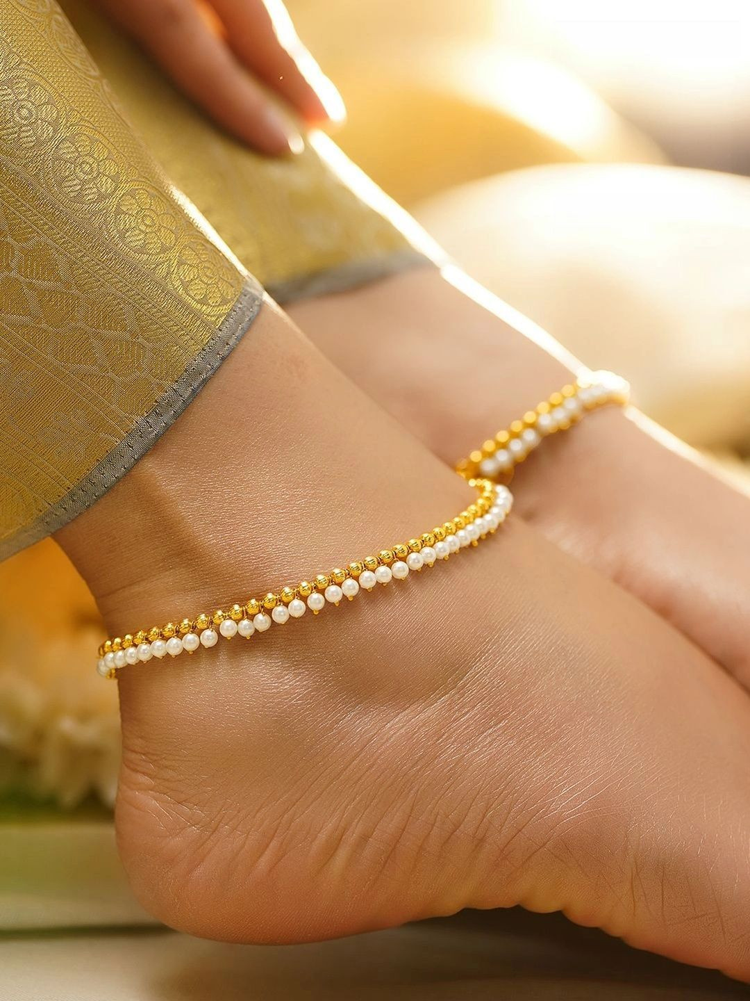 Rubans Set of 2 Gold Plated Pearl Beaded Anklet