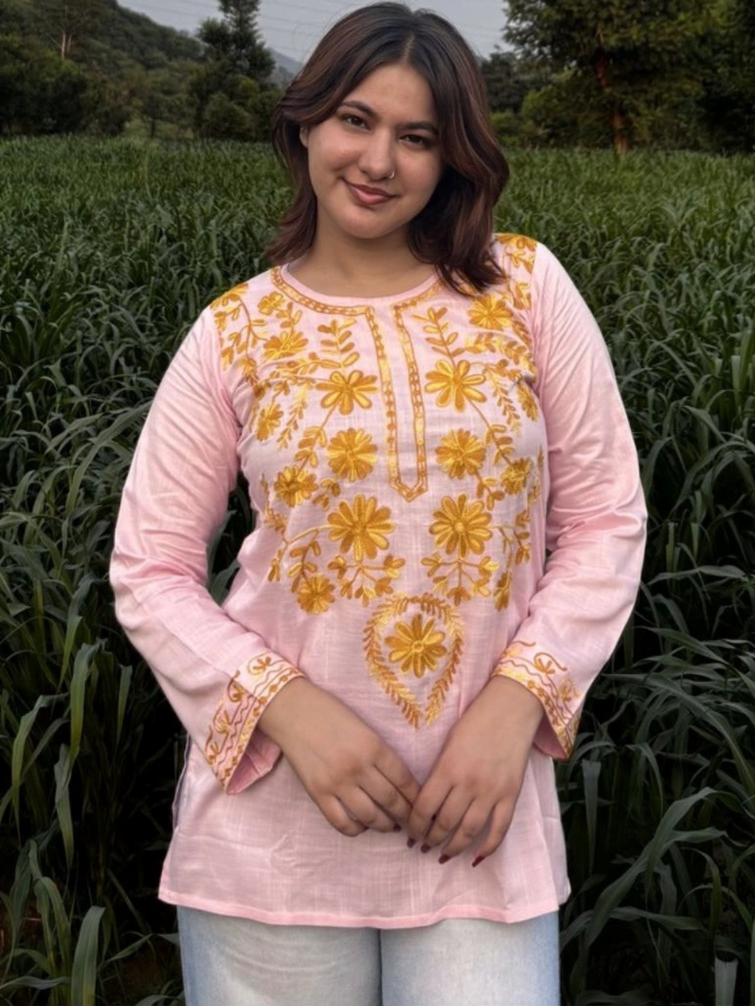 Kashmir Box Kashmiri Aari Women Baby Pink Embroidered Viscose Rayon Short Kurti