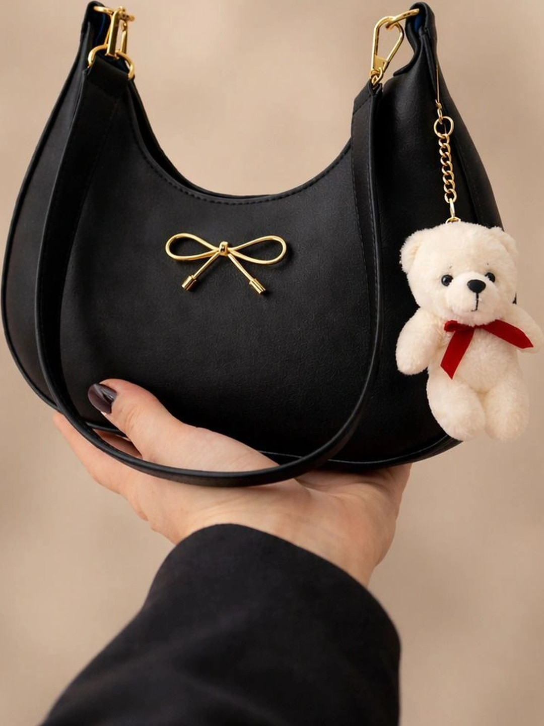 QYVEXA PU Half Moon Sling Bag with Bow Detail