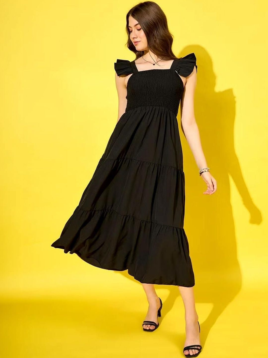 IQRA ENTERPRISE Women Black Flutter Sleeve Fit & Flare Midi Dress