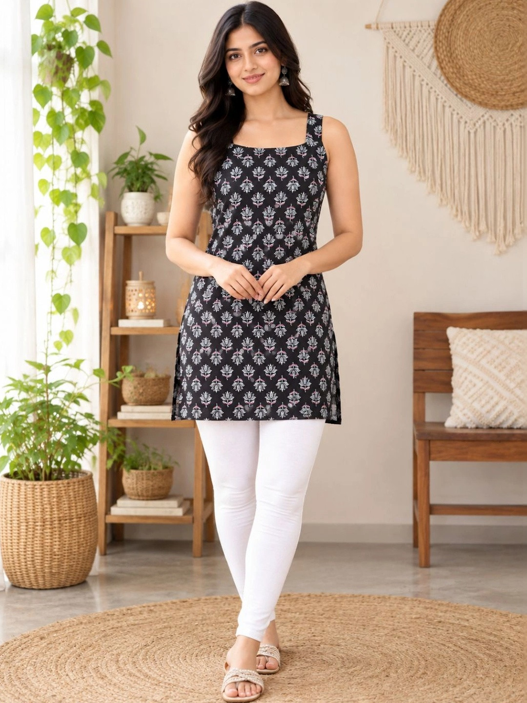 DARGU Botanical Printed Square Neck Pure Cotton Kurti