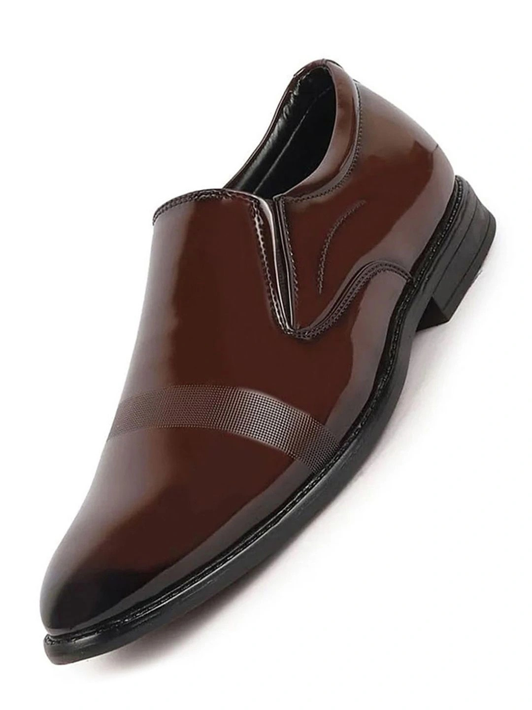 FAUSTO Men Tan Patent Leather Party Formal Textured Strip Slip On Shoes