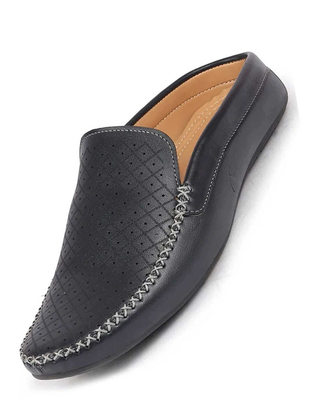 FAUSTO Men Blue Stitched Block Design Pattern Back Open Slip On Loafer Shoes