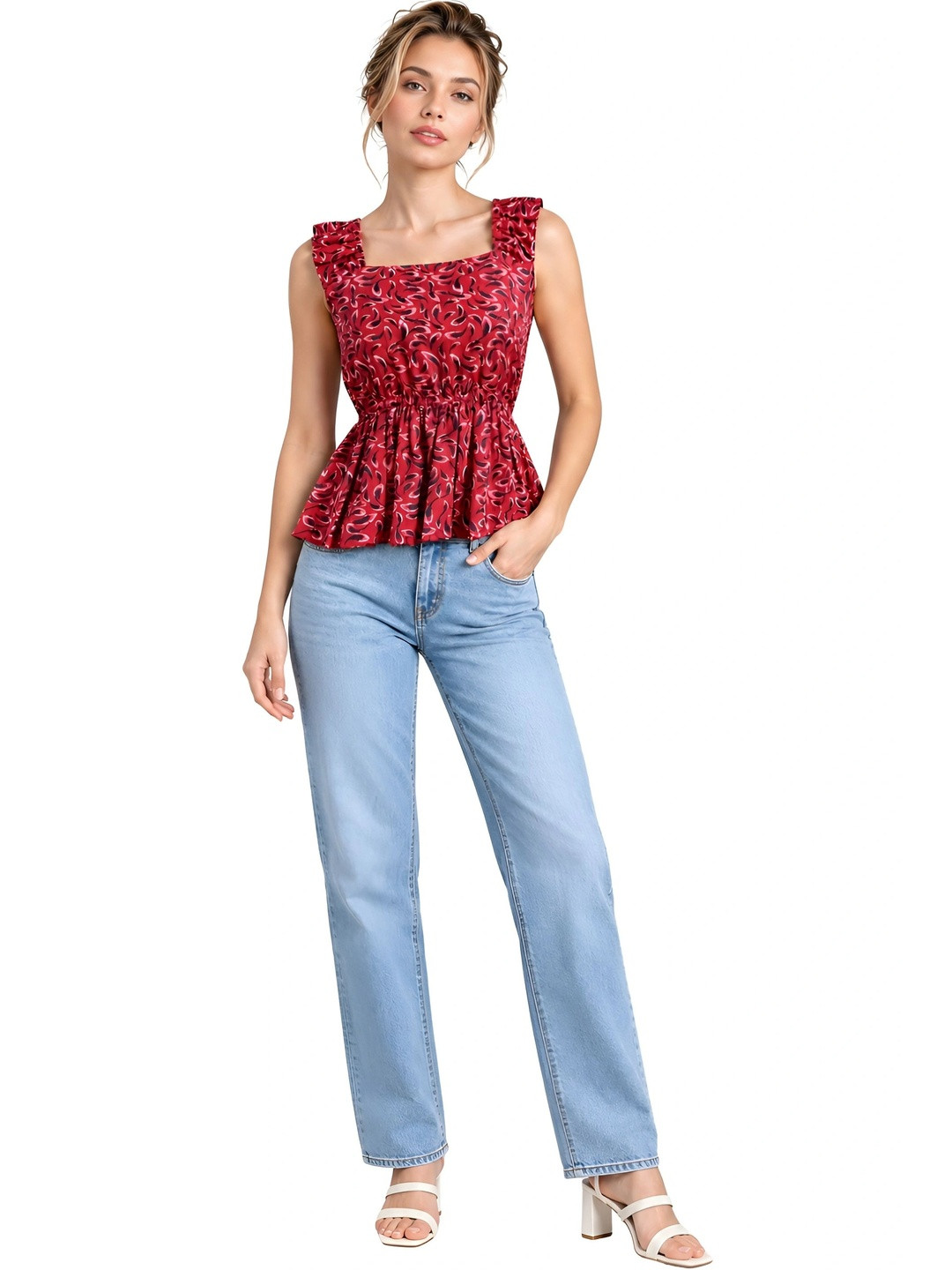 Sana Vista Print Ruffles Peplum Top