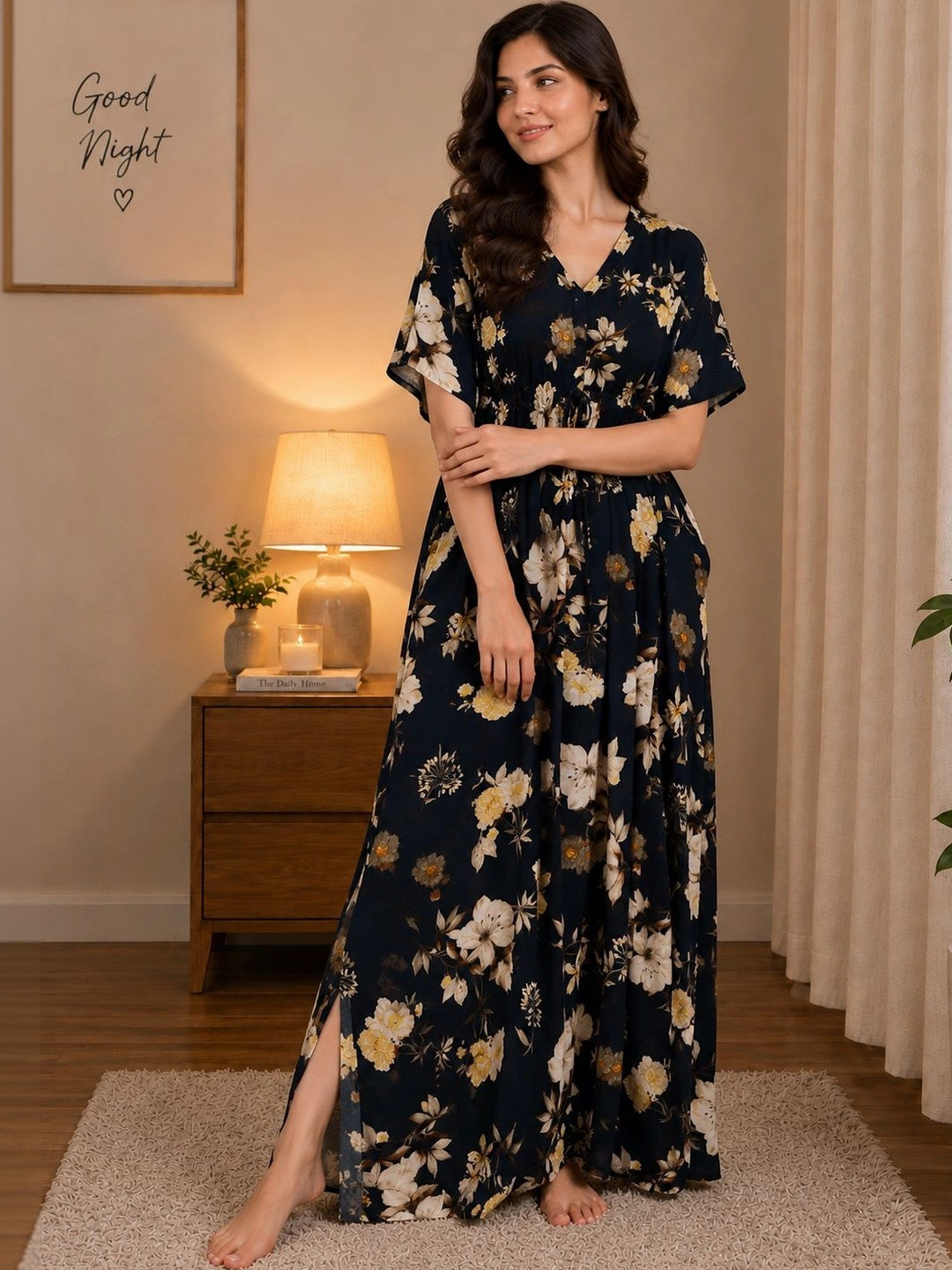 Claura Navy Blue & Beige Floral Printed Maxi kaftan Rayon Nightdress