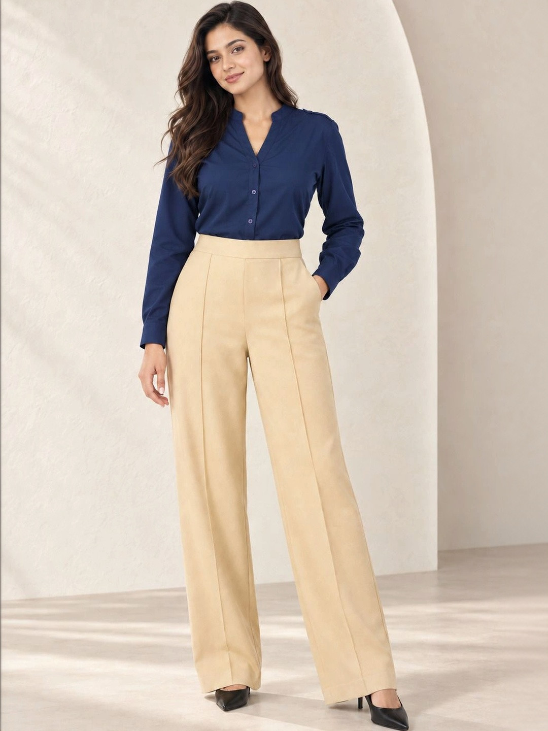 7OUNCE Women Relaxed Fit Solid Mandarin Collar Casual Shirt