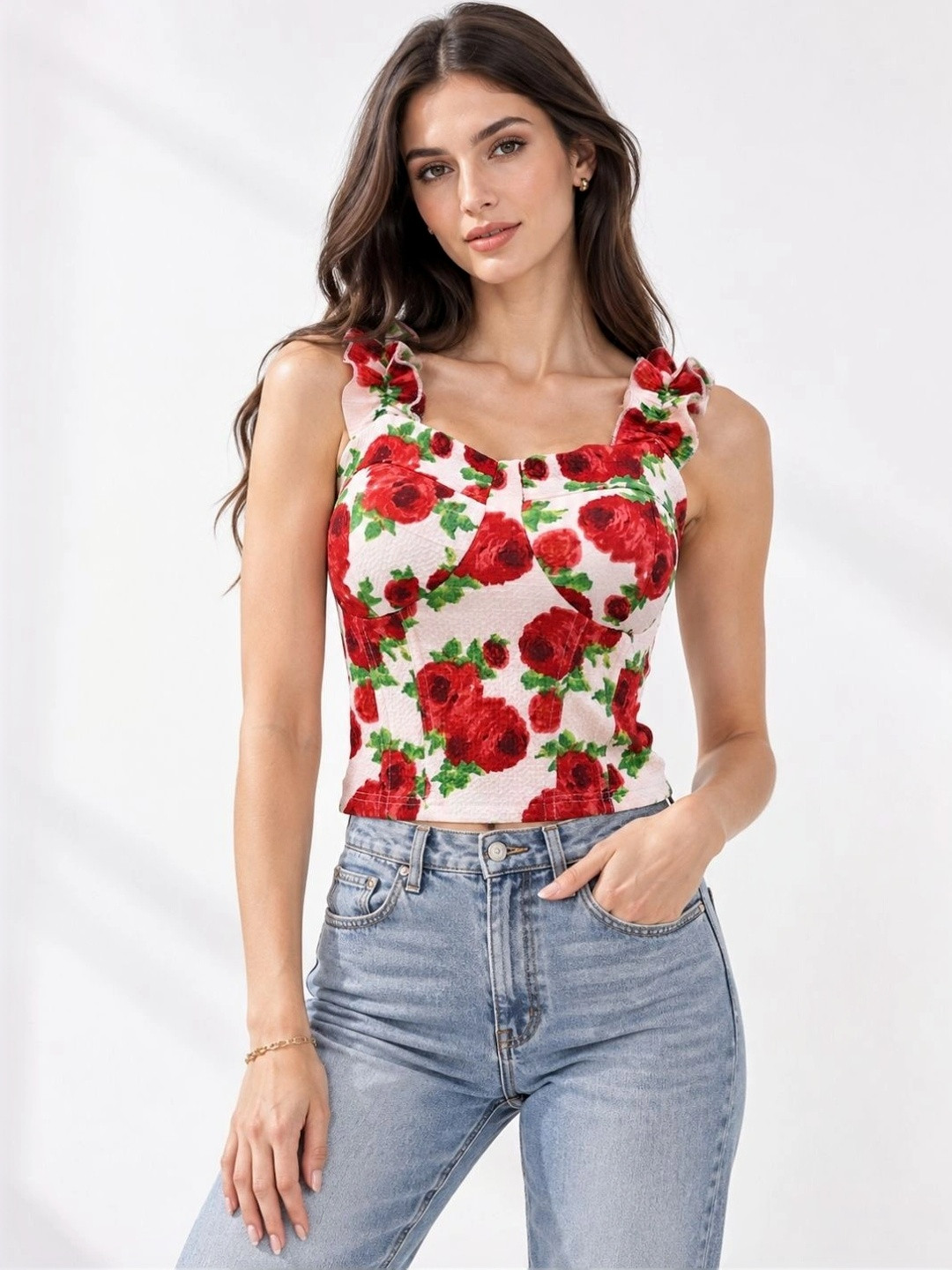 clobug Women Floral Print Sweetheart Neck Crepe Crop Top
