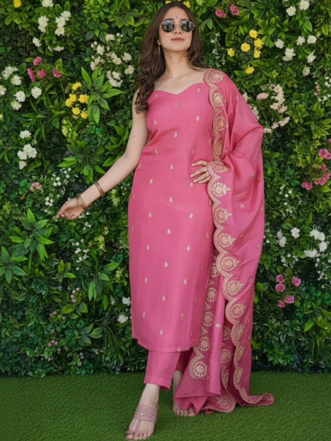 KALINI Women Embroidered Chanderi Silk Kurta with Trousers & With Dupatta