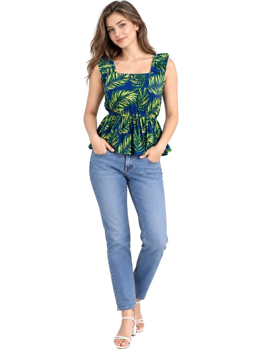 Sana Vista Tropical Print Flutter Sleeve Tropical Peplum Top