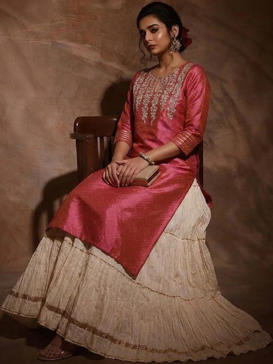 Varanga Women Coral Dual Tone Floral Gota Patti Embroidered Jacquard Kurta