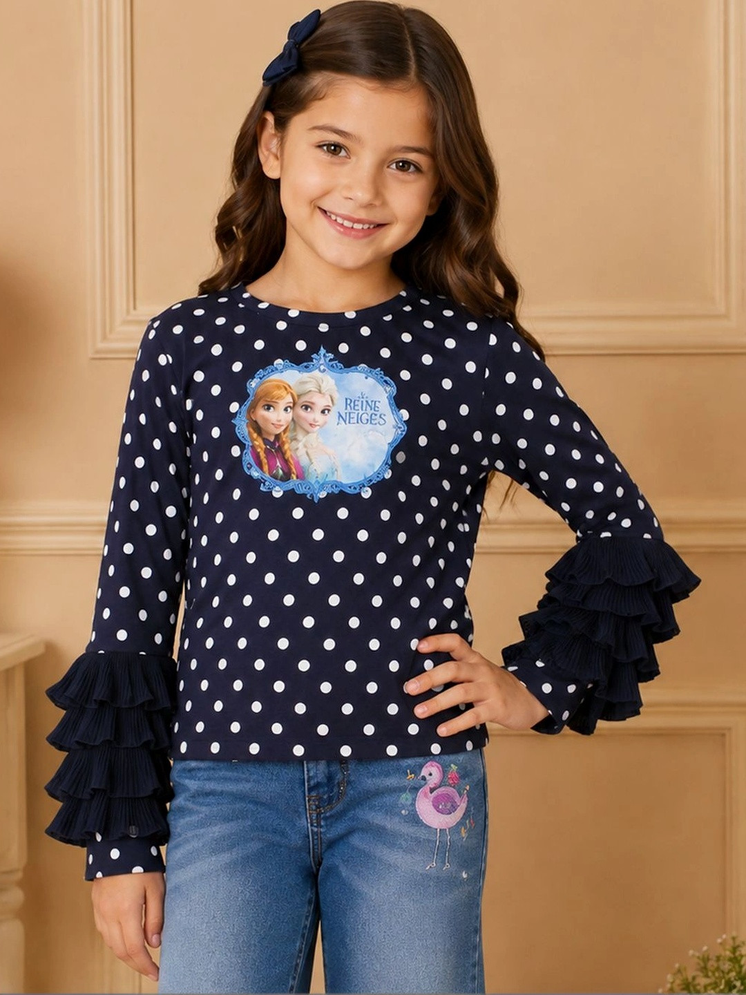 CUTECUMBER Girls Navy Blue & White Printed Ruffles Top