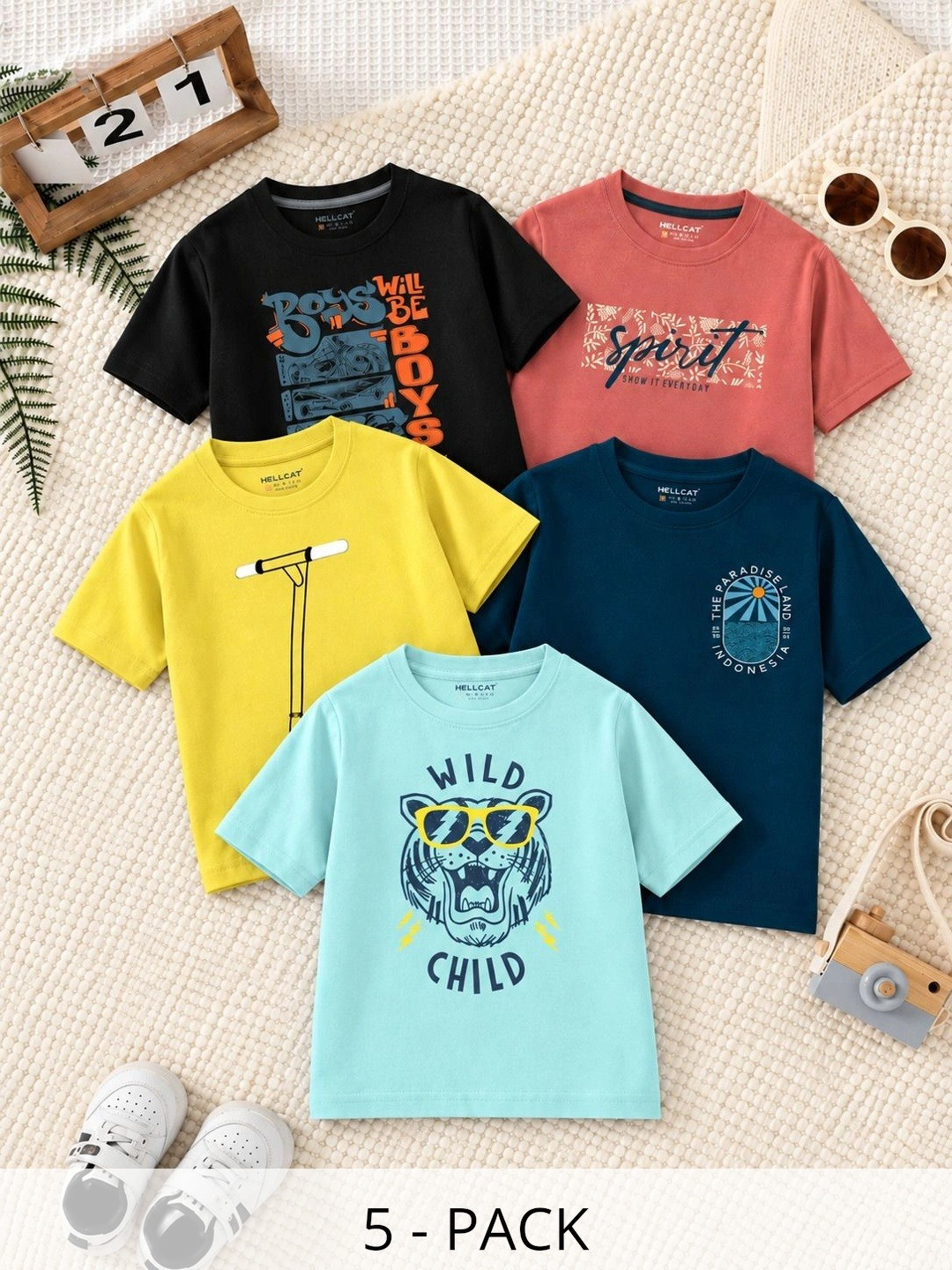 HELLCAT Boys Pack Of 5 Round Neck Graphic Printed Cotton T-shirt