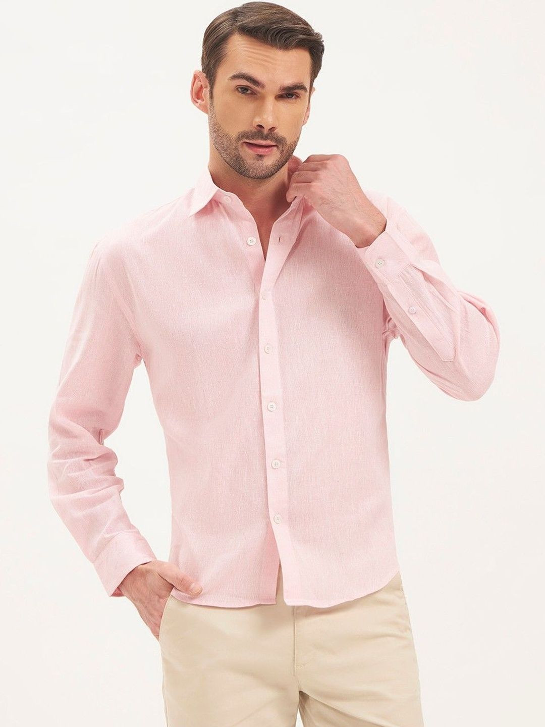 MOE&JEK Light Pink Casual Cotton Linen Relaxed Fit Shirt