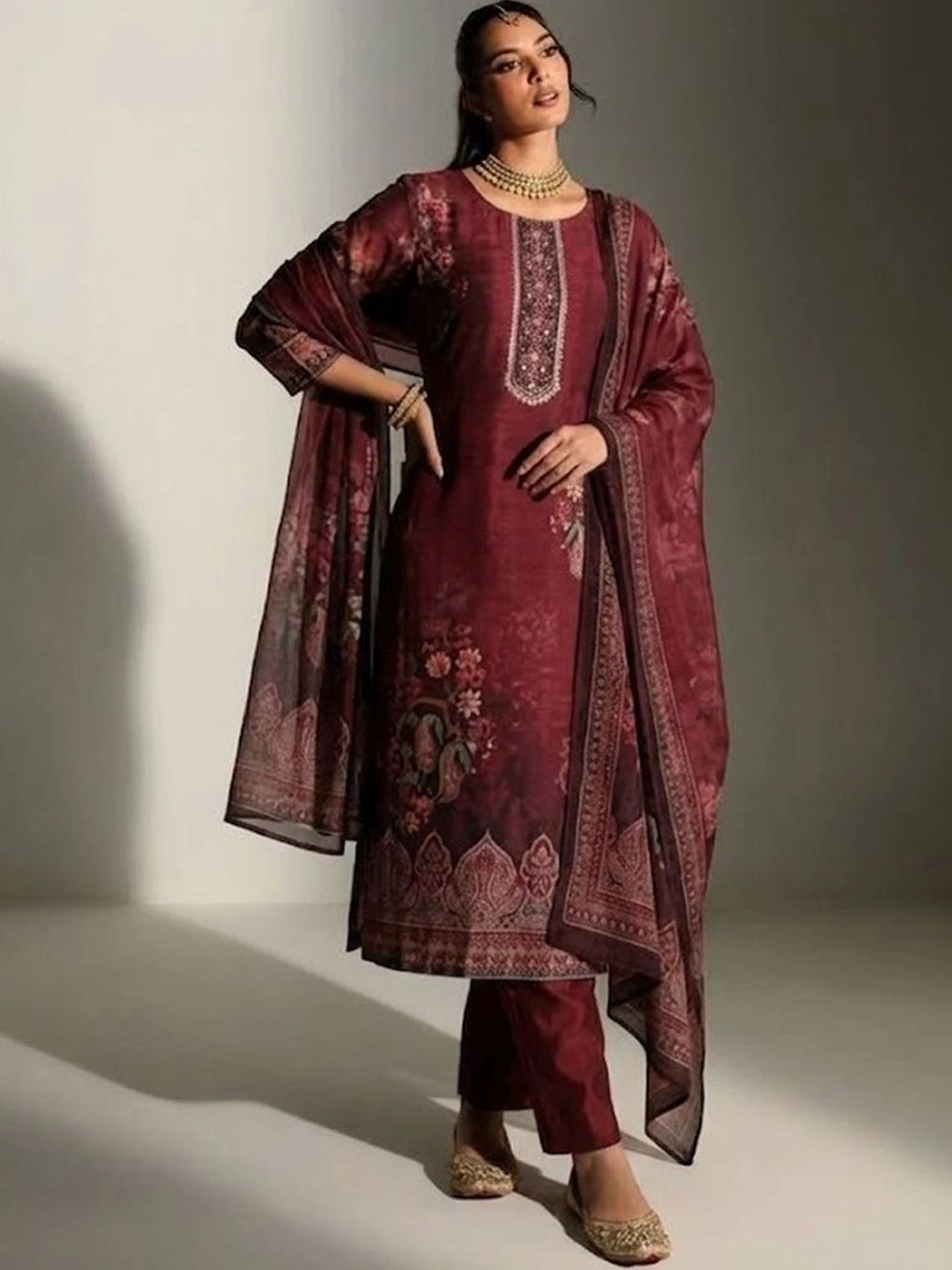 Varanga Floral Printed Sequinned Chanderi Silk Straight Kurta with Trousers & Dupatta
