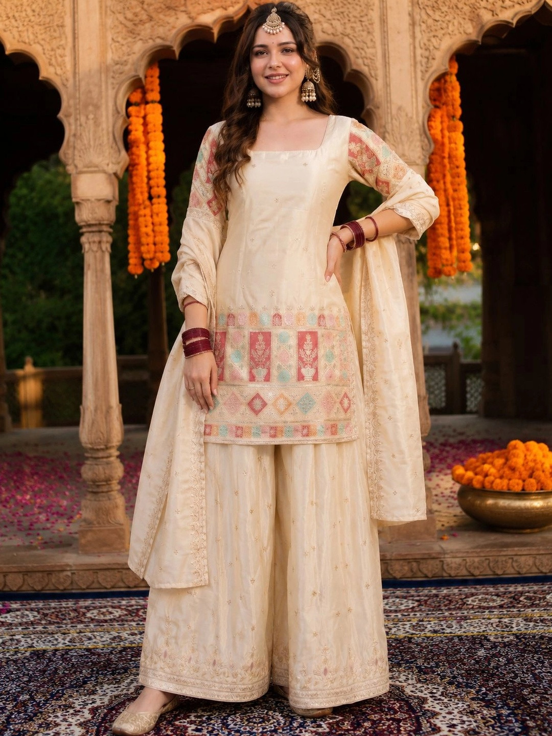 Navlik Women Ethnic Motifs Embroidered Regular Thread Work Kurta with Trousers & With Dupatta