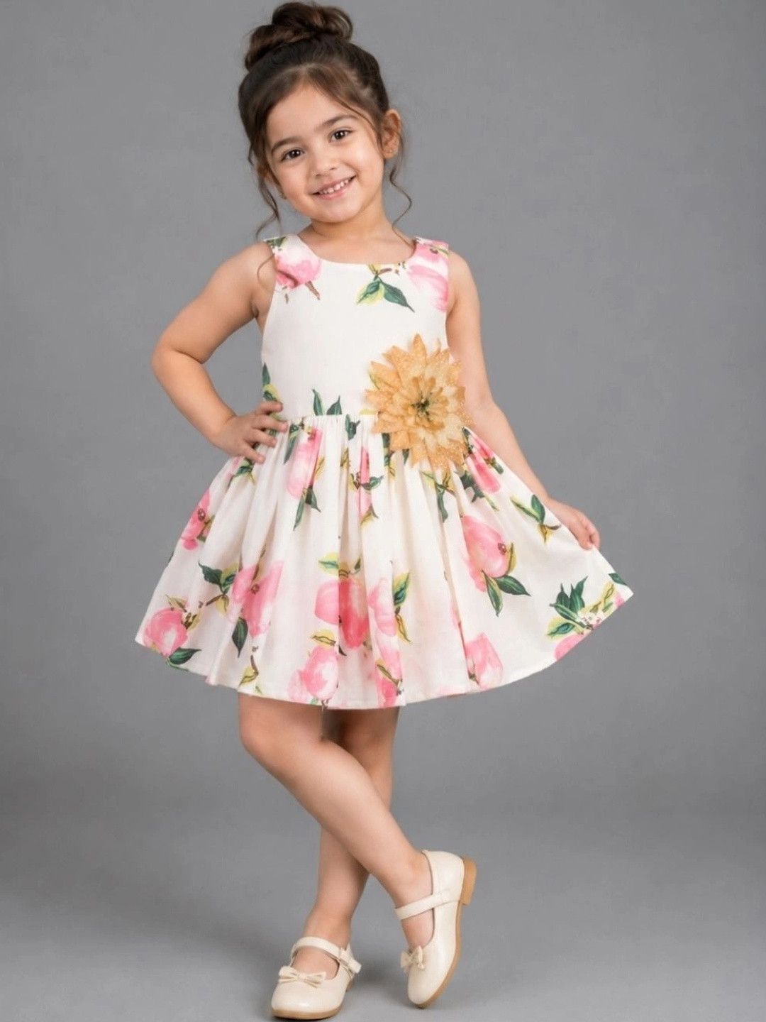 Anneca Baby Girls Floral Printed Gathered Round Neck Fit & Flare Dress