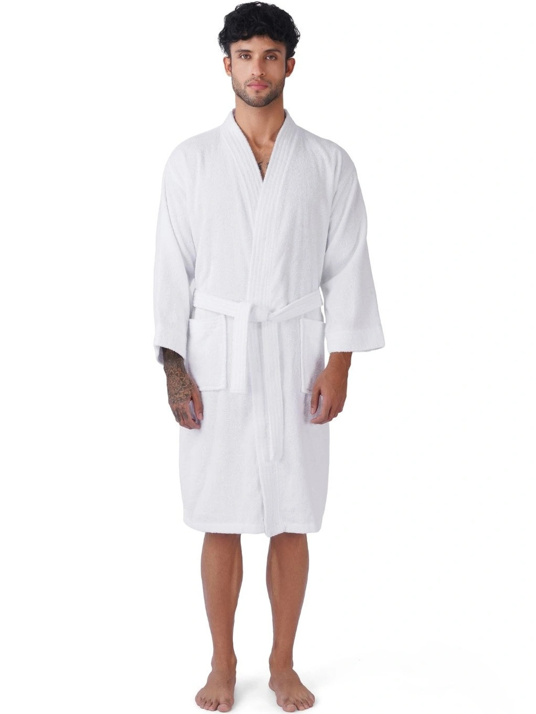 RANGOLI Noble, 400 GSM White Solid Cotton Drawstring Midi Bath Robe-M
