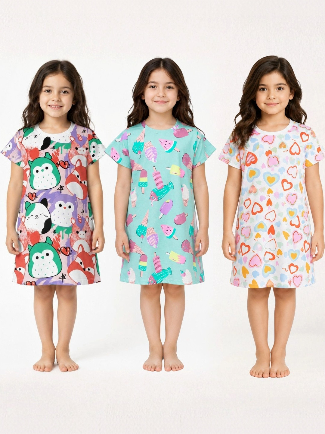 Anthrilo Girls Pack of 3 Printed Cotton Short Sleeves Nightdresses