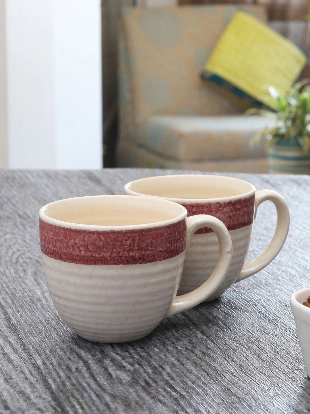 MIAH Decor Off White Textured Ceramic Handmade 2 Piece Mugs-320ml