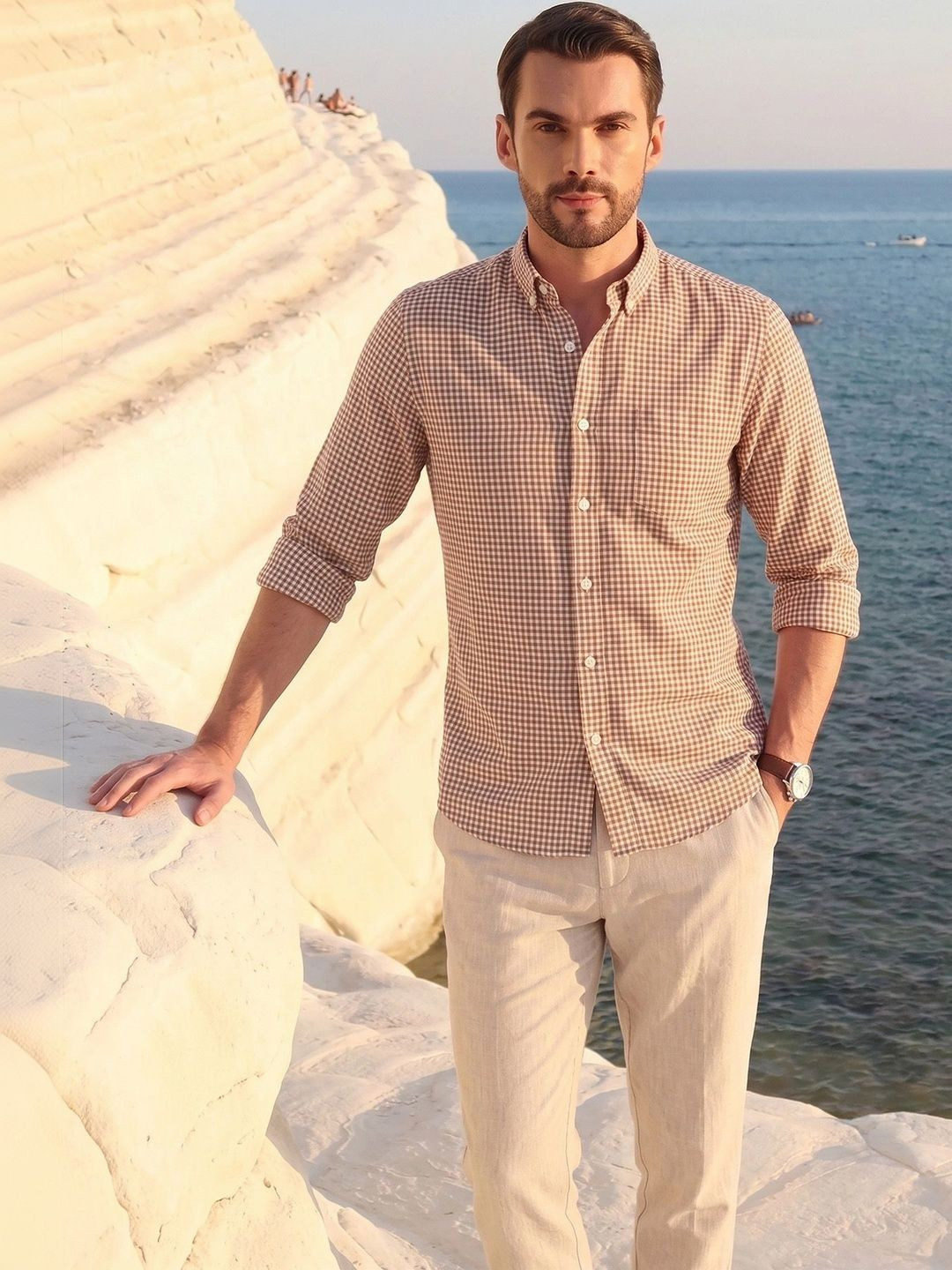 MOE&JEK Men Brown & White Check Cotton Button Shirt
