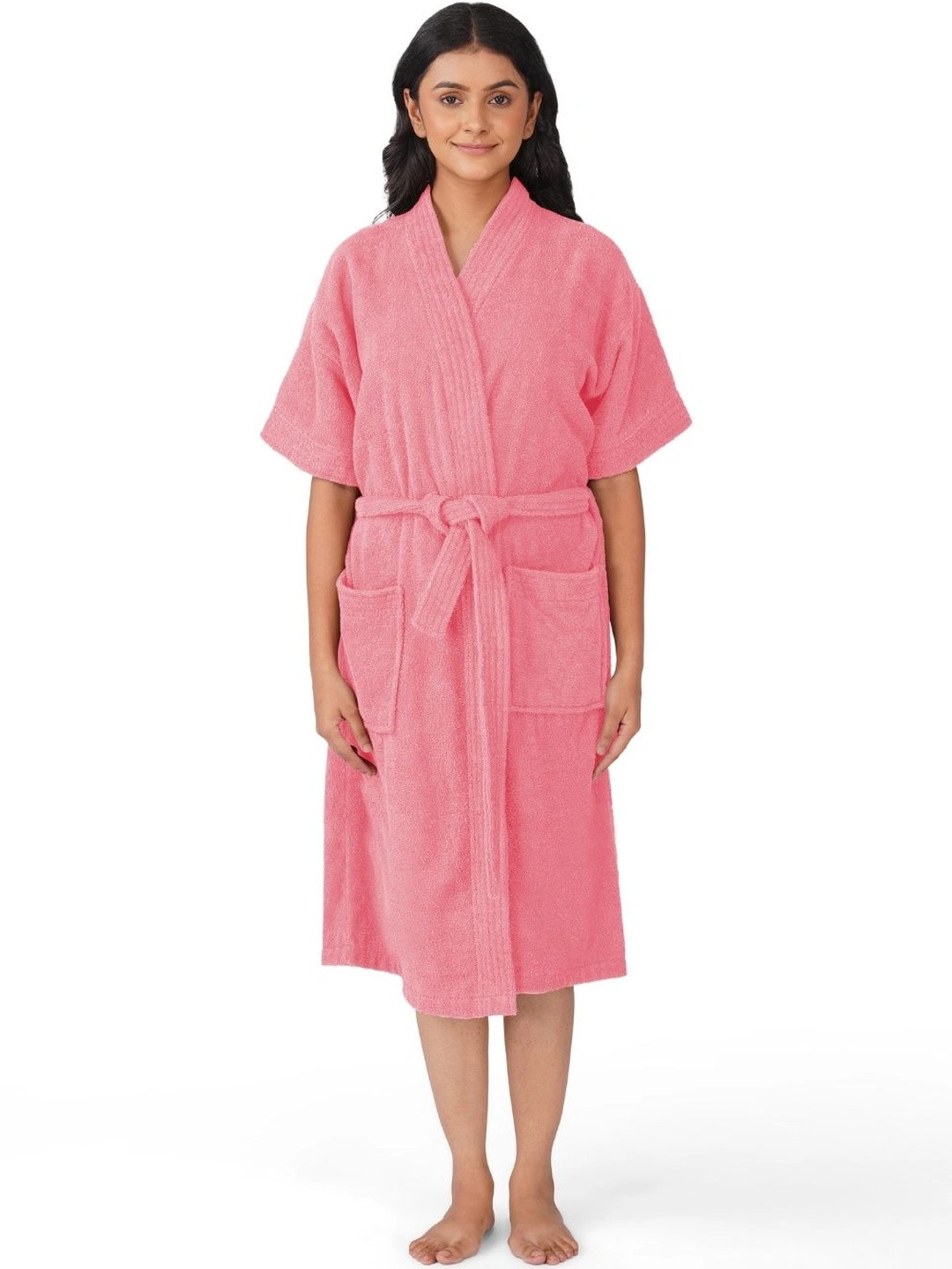 RANGOLI Peach Side Pocket Cotton Drawstring Knee Length 400 GSM Bath Robe